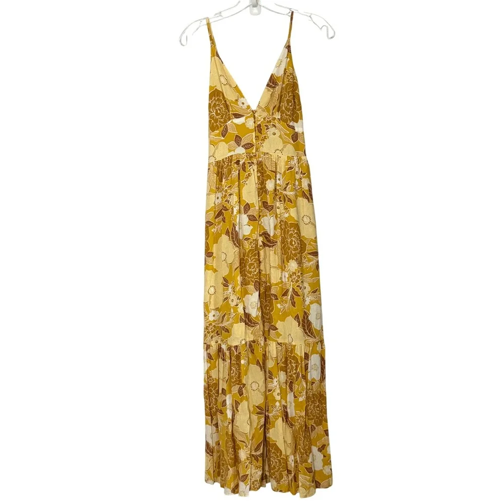 Abercrombie & Fitch Linen Floral Button Through Maxi Dress Yellow - XSmall